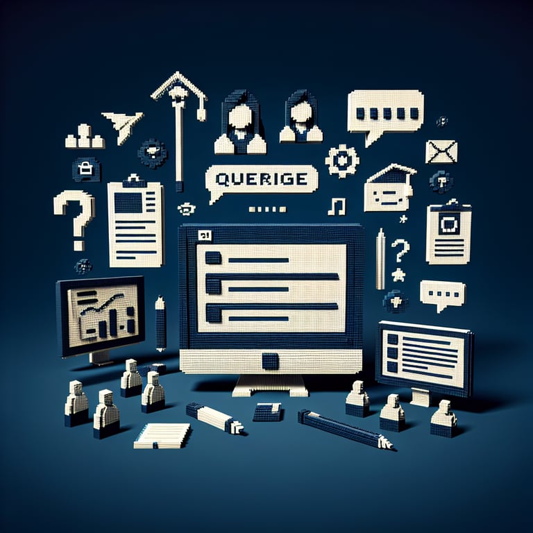 3D voxel art depicting online surveys, targeting graduate students, set against a dark blue background.