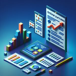 3D voxel art depicting online surveys, set against a dark blue background, symbolizing access pi survey questions.