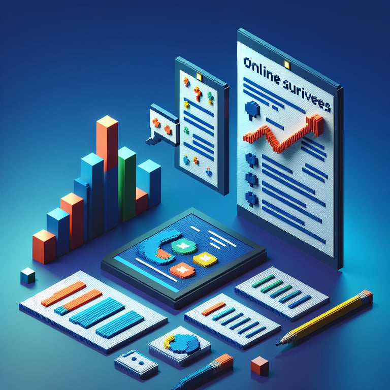 3D voxel art depicting online surveys, set against a dark blue background, symbolizing access pi survey questions.