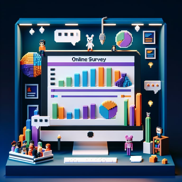3D voxel art depicting the concept of fun numerical surveys on a dark blue background.