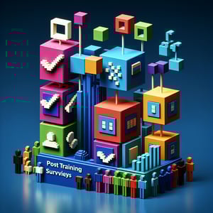 3D voxel art depicting the concept of online post training surveys on a dark blue background.