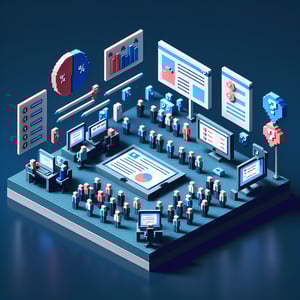 3D voxel art depicting online human resources survey concept on a dark blue background.