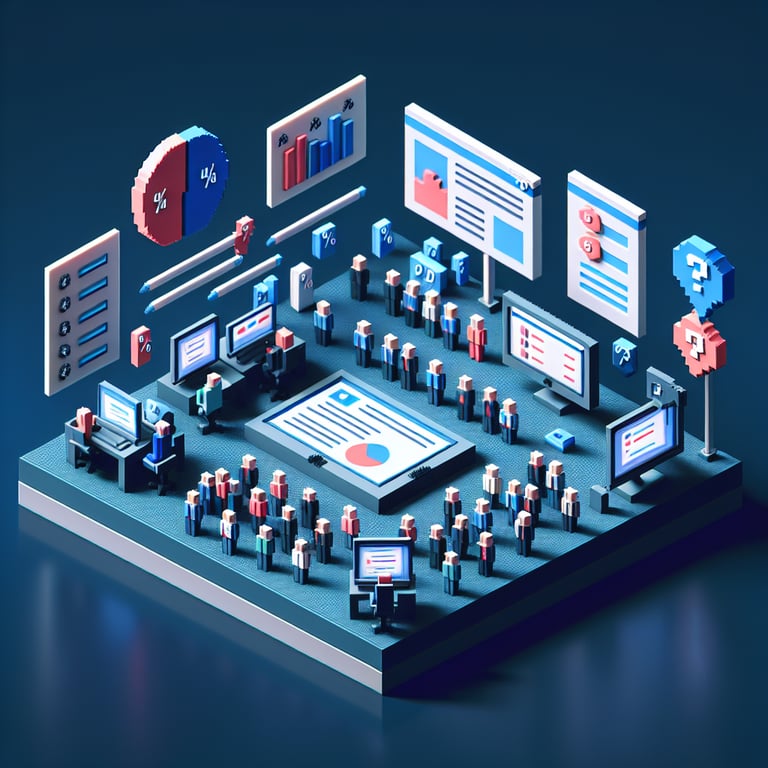 Artistic 3D voxel rendering of human resources feedback form with survey icons