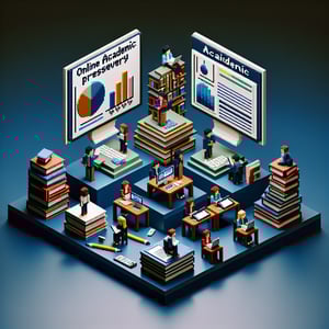 3D voxel art depicting online surveys, representing academic pressure survey questions on a dark blue background.