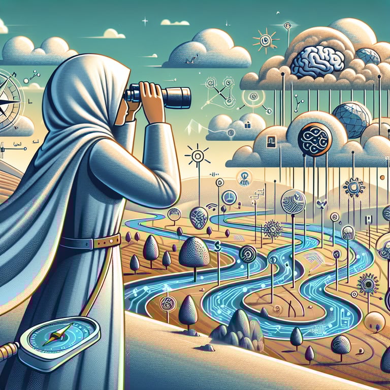 Illustration highlighting relevant topics for an Artificial Intelligence survey.
