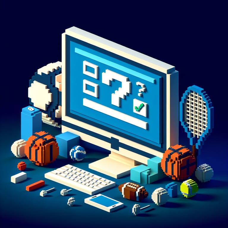 3D voxel art depicting online sports survey concept on a dark blue background.