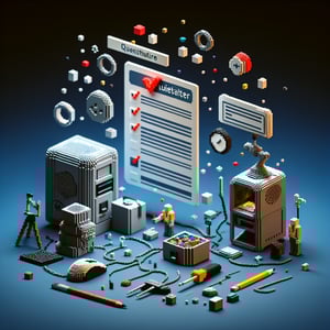 3D voxel art depicting online computer repair survey process on a dark blue background.