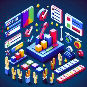 3D voxel art depicting online pricing surveys against a dark blue background.