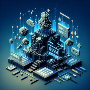 3D voxel art illustrating the concept of online new hire survey questions on a dark blue background.