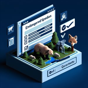 3D voxel art depicting an online survey on endangered species, set against a dark blue background.