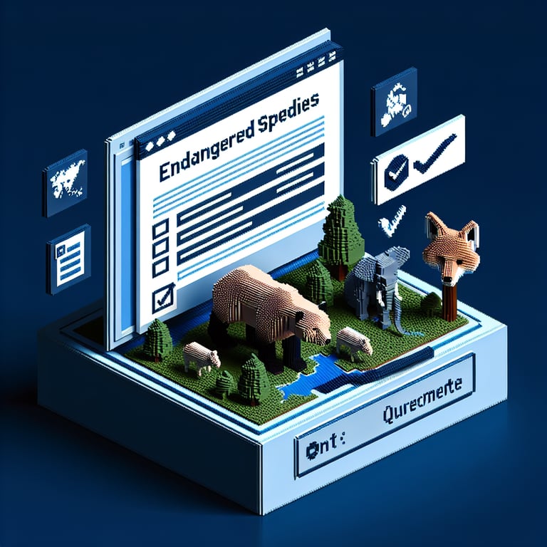 3D voxel art depicting an online survey on endangered species, set against a dark blue background.