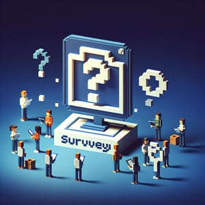 3D voxel art depicting online student surveys, with a dark blue background.
