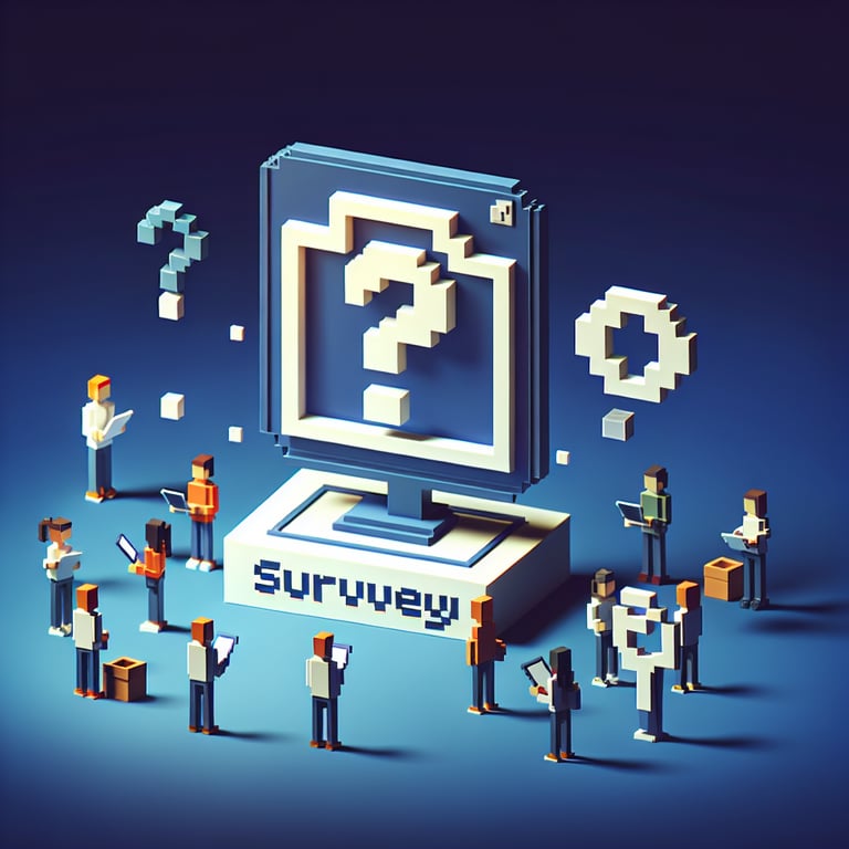 3D voxel art depicting online student surveys, with a dark blue background.