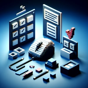 3D voxel art depicting the concept of online surveys and questions on a dark blue background.