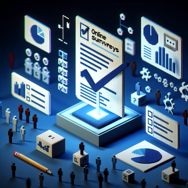 Artistic 3D voxel art representing internal feedback survey design