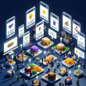 3D voxel art depicting online survey concept, with focus on new menu items, set against a dark blue background.