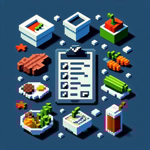 3D voxel art depicting an online food survey concept on a dark blue background.