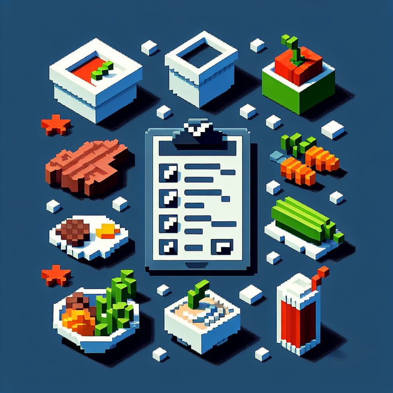 3D voxel art depicting an online food survey concept on a dark blue background.