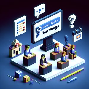 3D voxel art depicting online survey concept with a focus on parent-teacher conference questions.