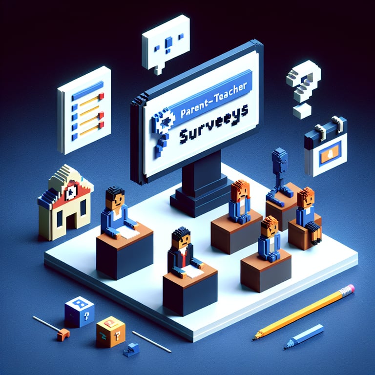 Artistic 3D voxel scene showcasing a parent-teacher conference survey interface