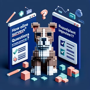 3D voxel art depicting an online survey concept, themed around pit bulls, with a dark blue background.