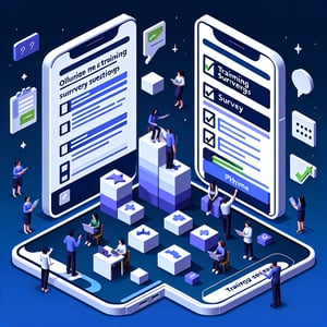 3D voxel art depicting online surveys, set against a dark blue background, symbolizing post-training survey questions.