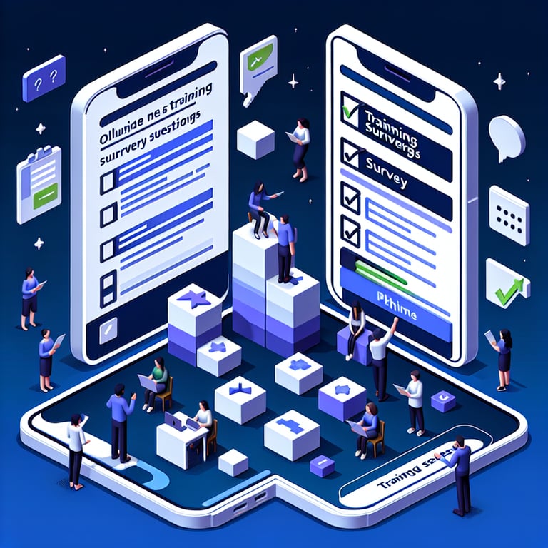 3D voxel art depicting online surveys, set against a dark blue background, symbolizing post-training survey questions.