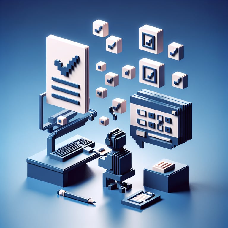 3D voxel art symbolizing feedback mapping in counseling surveys on dark blue background.