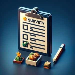 3D voxel art depicting the concept of online surveys for restaurant quality assessment on a dark blue background.