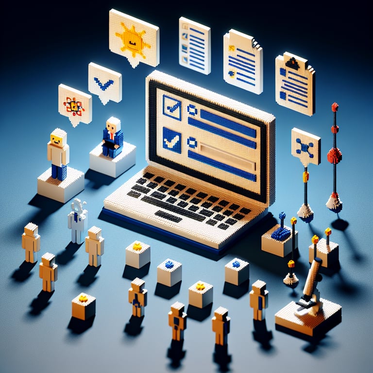 3D voxel art depicting online science literacy surveys on a dark blue background.