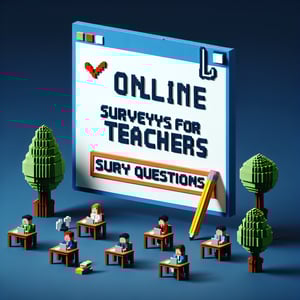 3D voxel art depicting online teacher survey concept on a dark blue background.