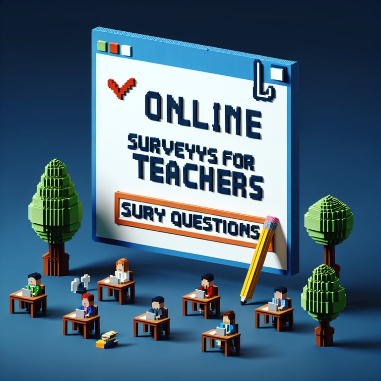 3D voxel art depicting online teacher survey concept on a dark blue background.