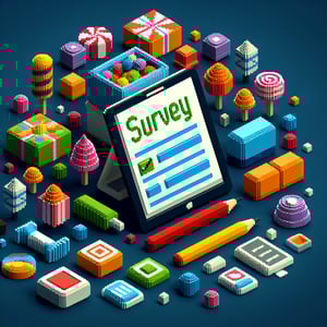 3D voxel art depicting online candy survey process on a dark blue background.