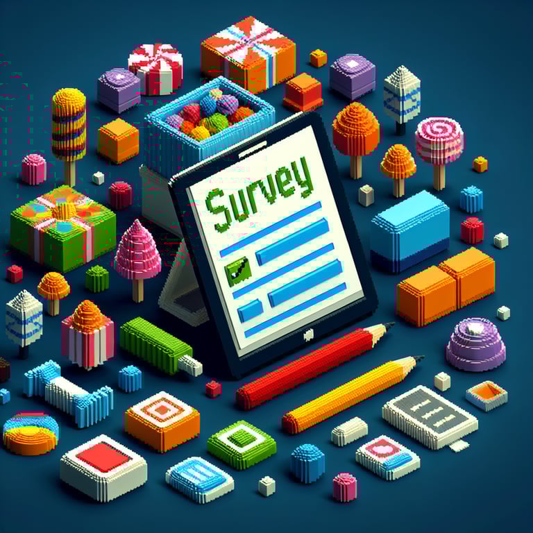 Colorful 3D voxel candy poll interface with survey icons