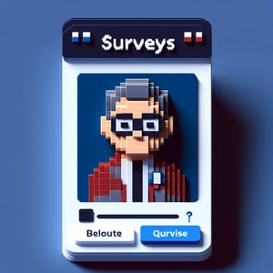 3D voxel art depicting online surveys related to Donald Trump on a dark blue background.