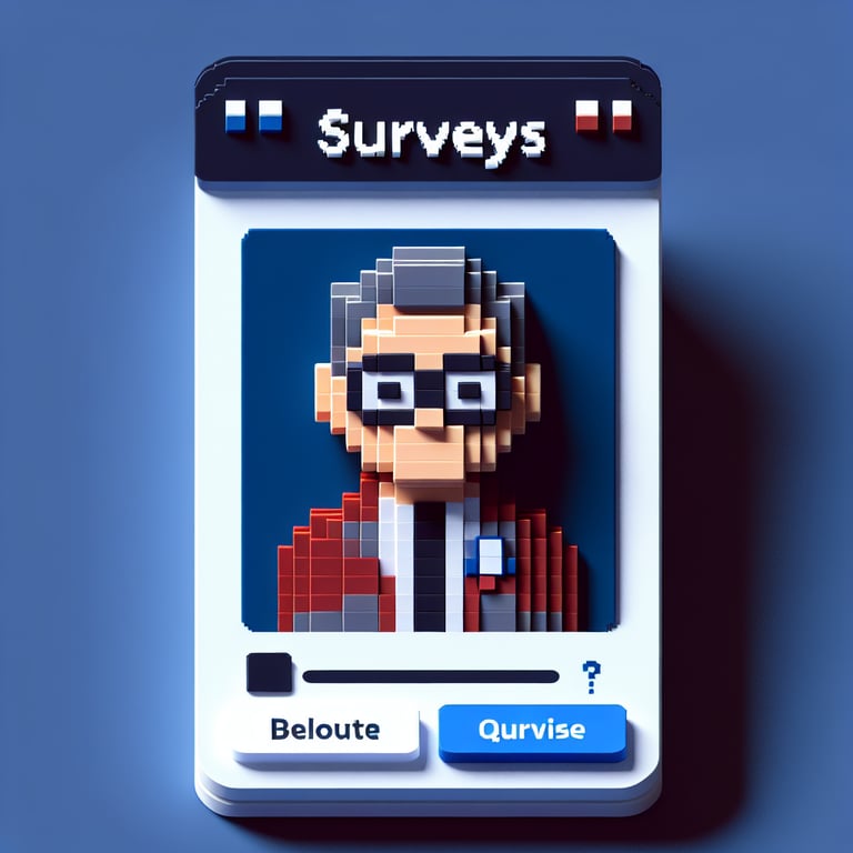 3D voxel art depicting online surveys related to Donald Trump on a dark blue background.