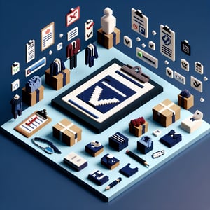 3D voxel art depicting online dress code survey concept on a dark blue background.