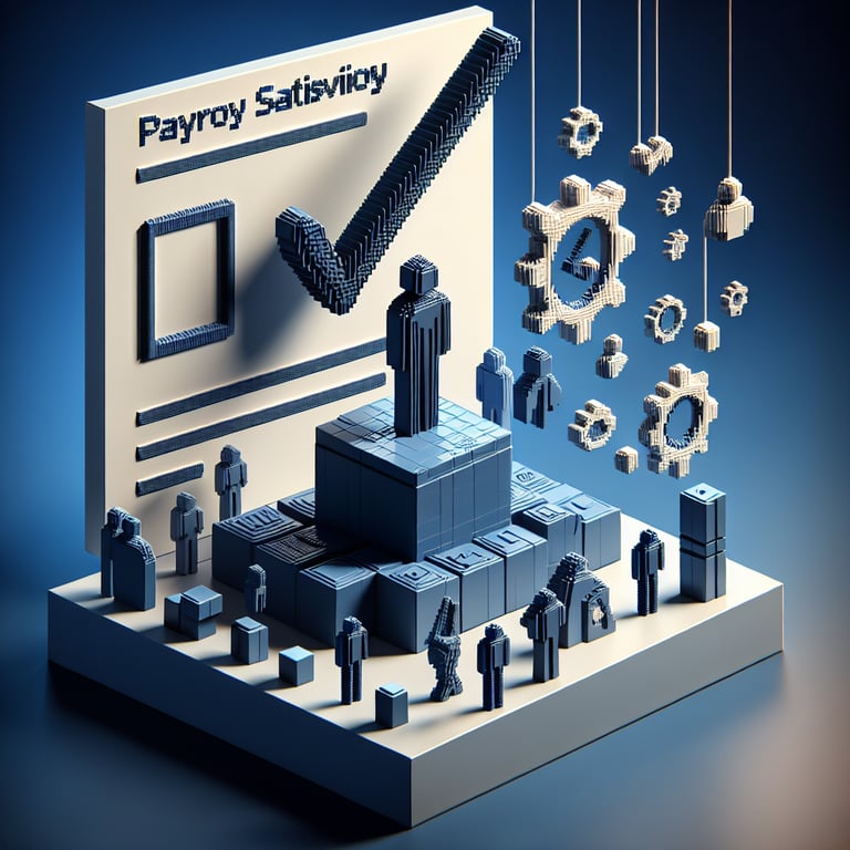 3D voxel art depicting online payroll satisfaction survey process on a dark blue background.