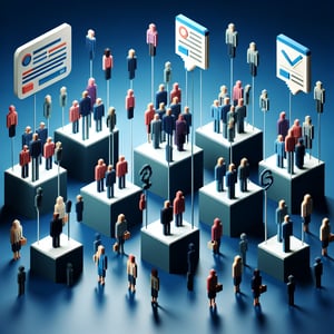 3D voxel art depicting the concept of online buyer persona surveys on a dark blue background.