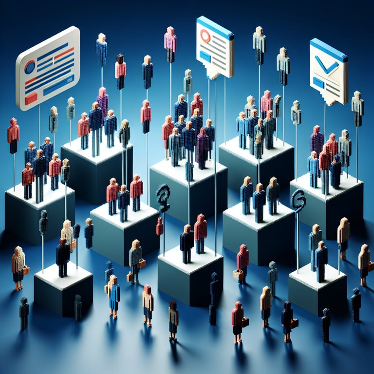 3D voxel art depicting the concept of online buyer persona surveys on a dark blue background.