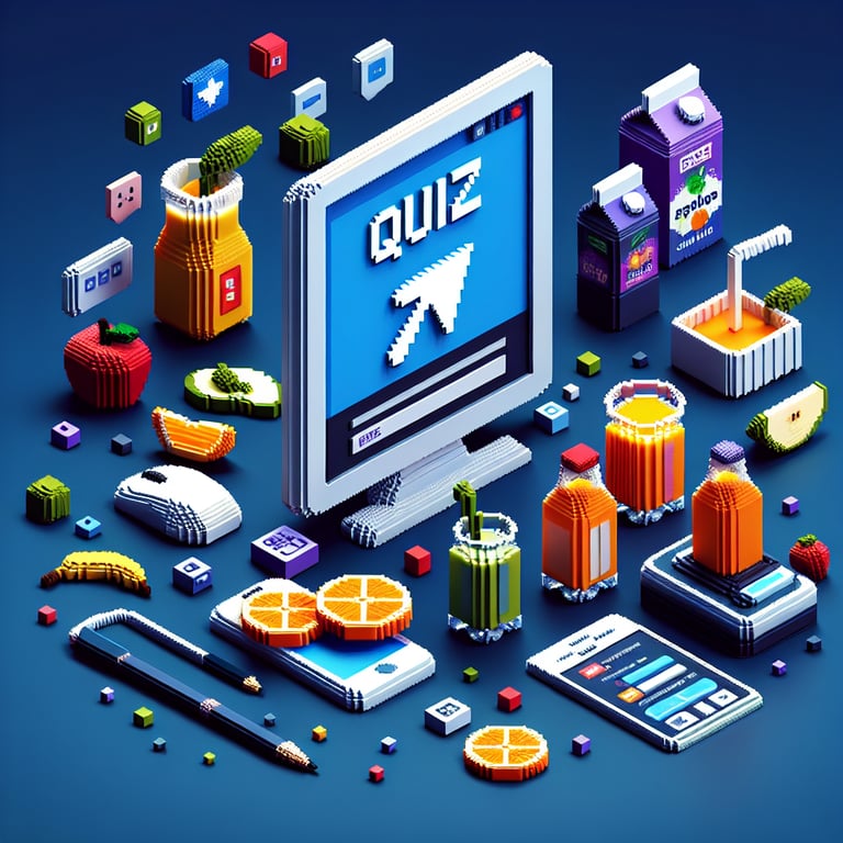 3D voxel art depicting an online survey concept, with fruit juice related elements on a dark blue background.