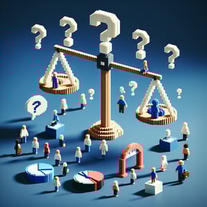 3D voxel art illustrating online surveys and questions, with a dark blue background, suitable for children.