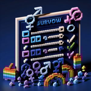 3D voxel art depicting online surveys on sexual orientation against a dark blue background.