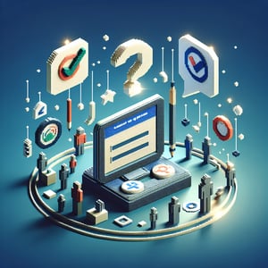 3D voxel art depicting online surveys and questions, set against a dark blue background.