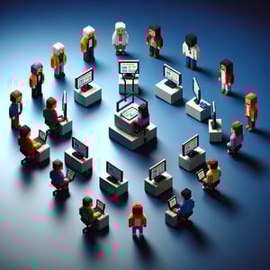 3D voxel art illustrating the concept of online anthropology surveys, set against a dark blue background.