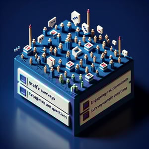 3D voxel art depicting the concept of staff engagement surveys with a dark blue background.