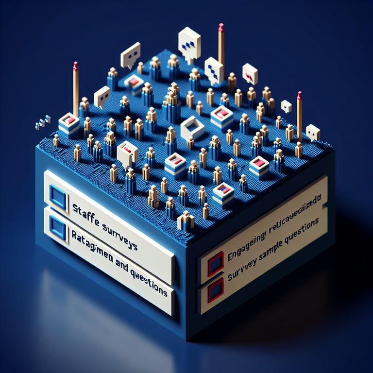3D voxel art depicting the concept of staff engagement surveys with a dark blue background.