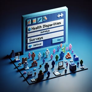 3D voxel art depicting online health disparities surveys on a dark blue background.