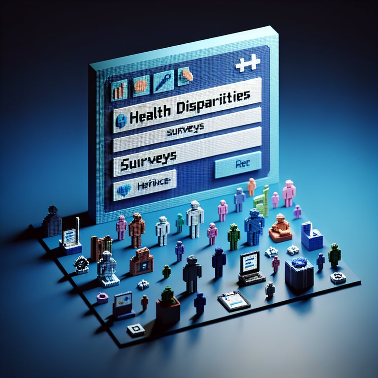 3D voxel visualization of a community health equity survey interface on a dark blue background.