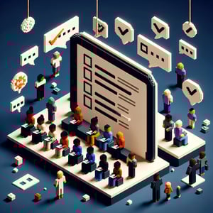 3D voxel art depicting online survey concept, with a focus on racial discrimination, on a dark blue background.